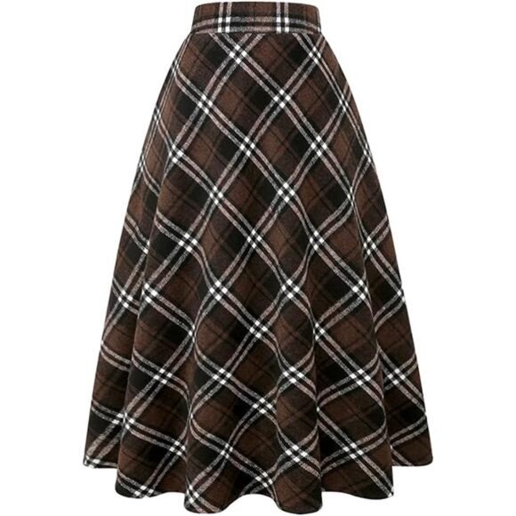 Womens Wool Skirts Elastic Waist A-Line, Long Skirts Brown Coffee - Picture 1 of 3